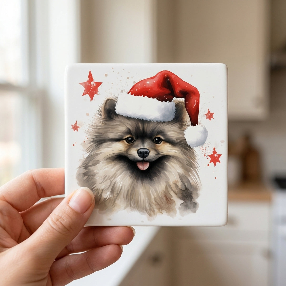 Keeshonden ceramic coasters set of 4, in hand