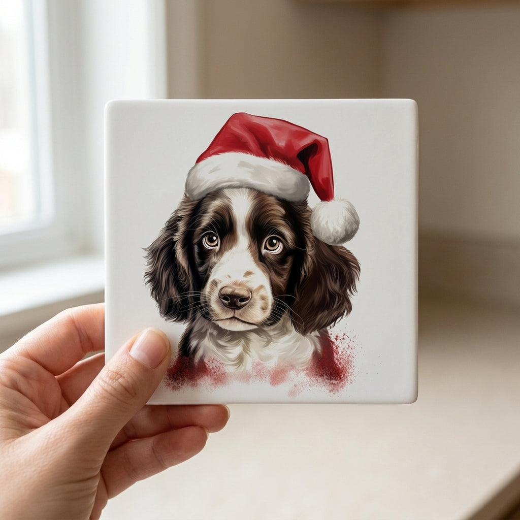 English Springer Spaniel Puppy Drawing ceramic coasters set of 4, in hand