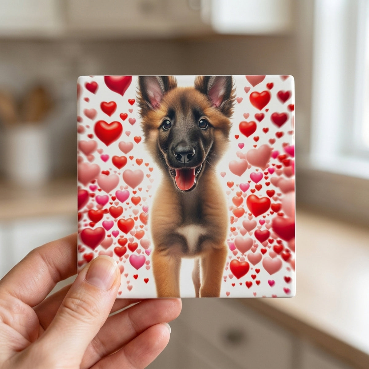 Belgian Malinois ceramic coasters set of 4, in hand