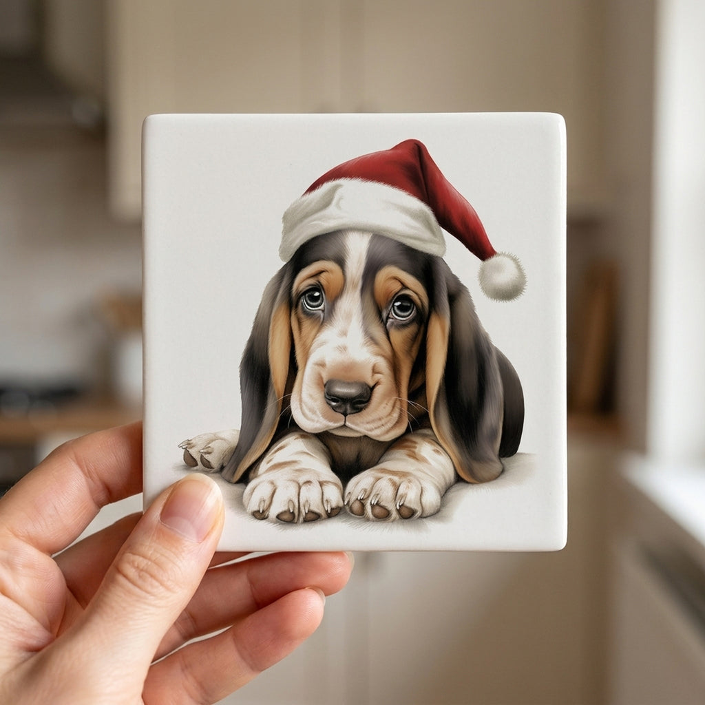 Basset Hound Puppy Drawing ceramic coasters set of 4, in hand