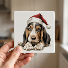 Basset Hound Puppy Drawing ceramic coasters set of 4, in hand