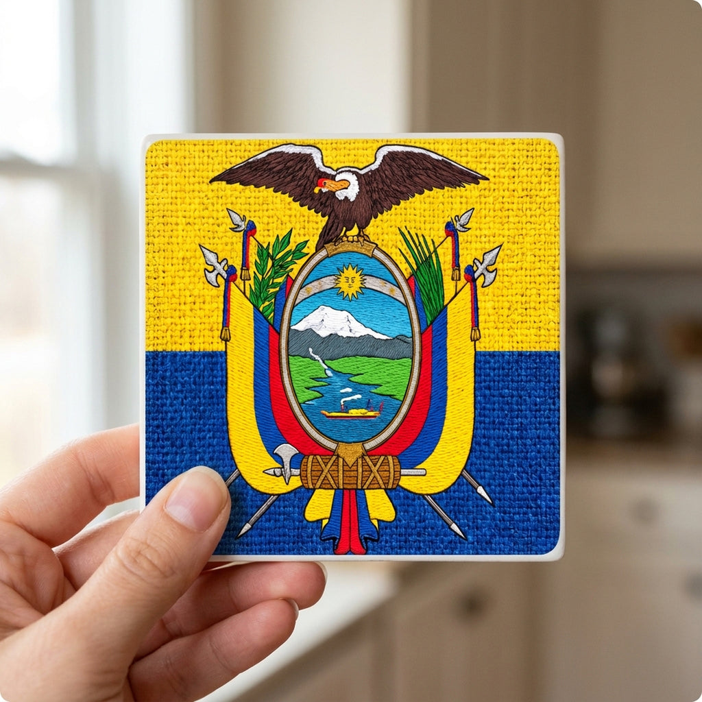 Ecuador Flag Pride ceramic coasters set of 4, in hand