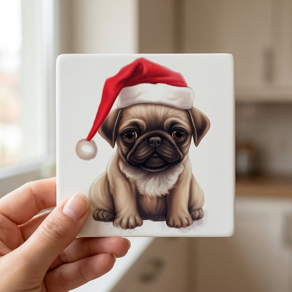 Pug Puppy Drawing ceramic coasters set of 4, in hand