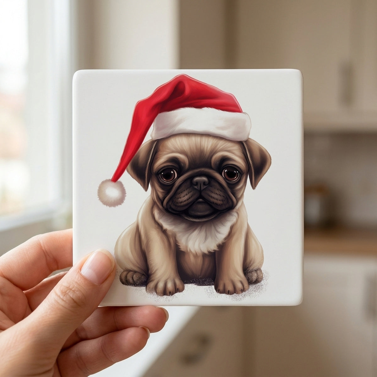 Pug Puppy Drawing ceramic coasters set of 4, in hand