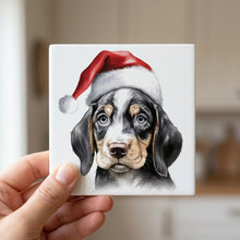 Bluetick Coonhound Puppy Drawing ceramic coasters set of 4, in hand