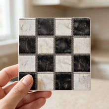 Checkered Racing Flag ceramic coasters set of 4, in hand