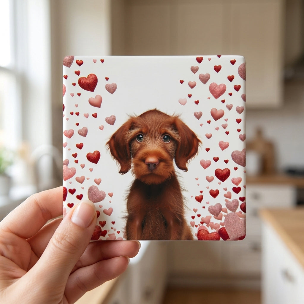 Wirehaired Vizsla ceramic coasters set of 4, in hand