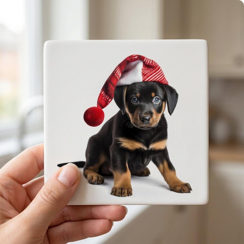 Beauceron Puppy ceramic coasters set of 4, in hand