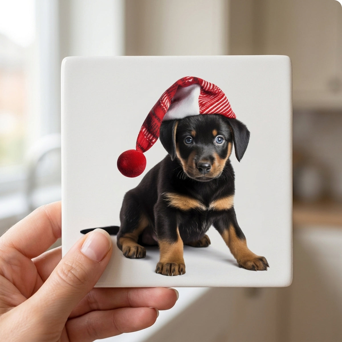 Beauceron Puppy ceramic coasters set of 4, in hand