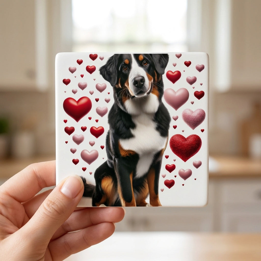 Bernese Mountain Dog ceramic coasters set of 4, in hand