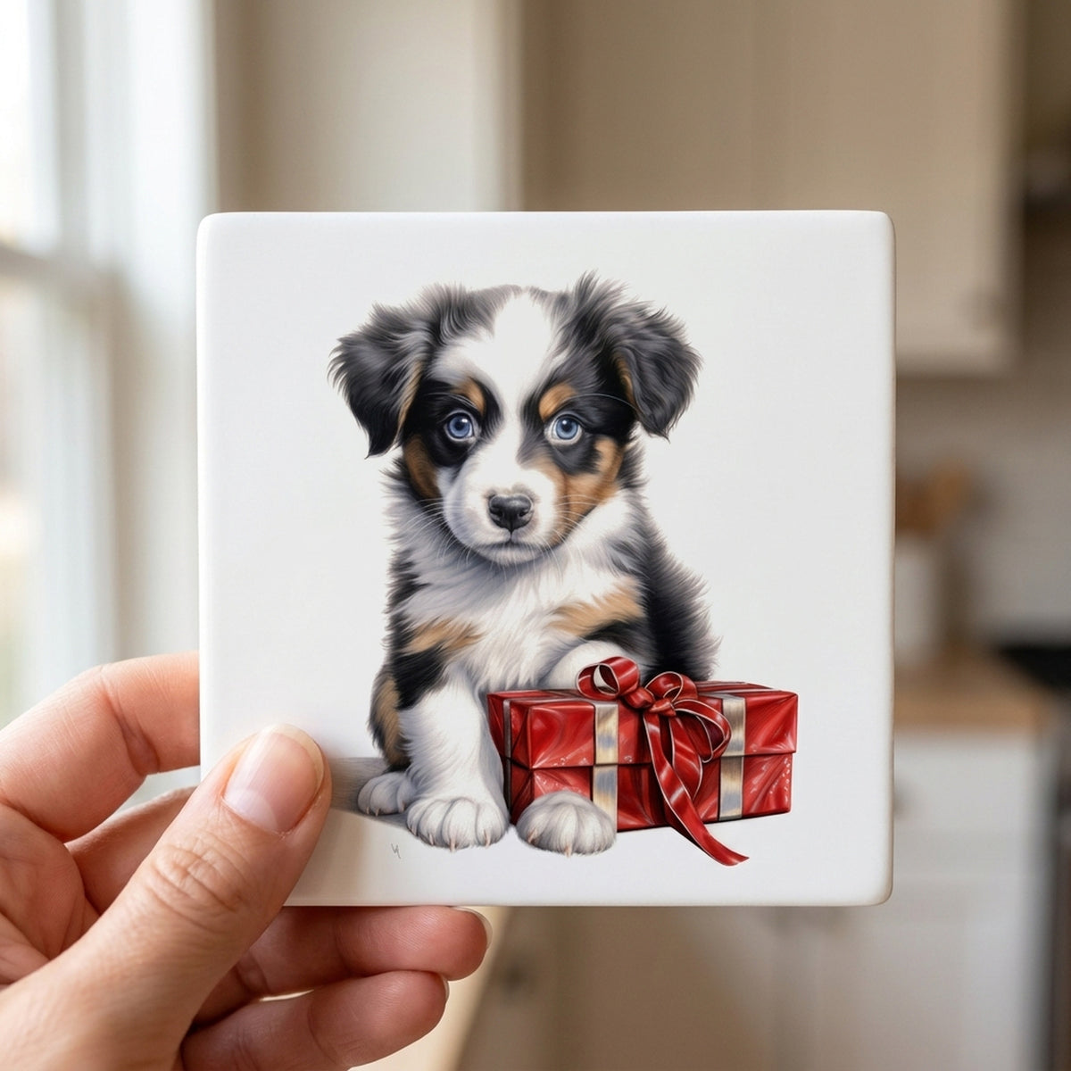 Miniature American Shepherd Puppy Drawing ceramic coasters set of 4, in hand