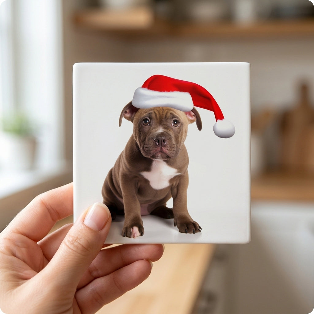 Staffordshire Bull Terrier ceramic coasters set of 4, in hand