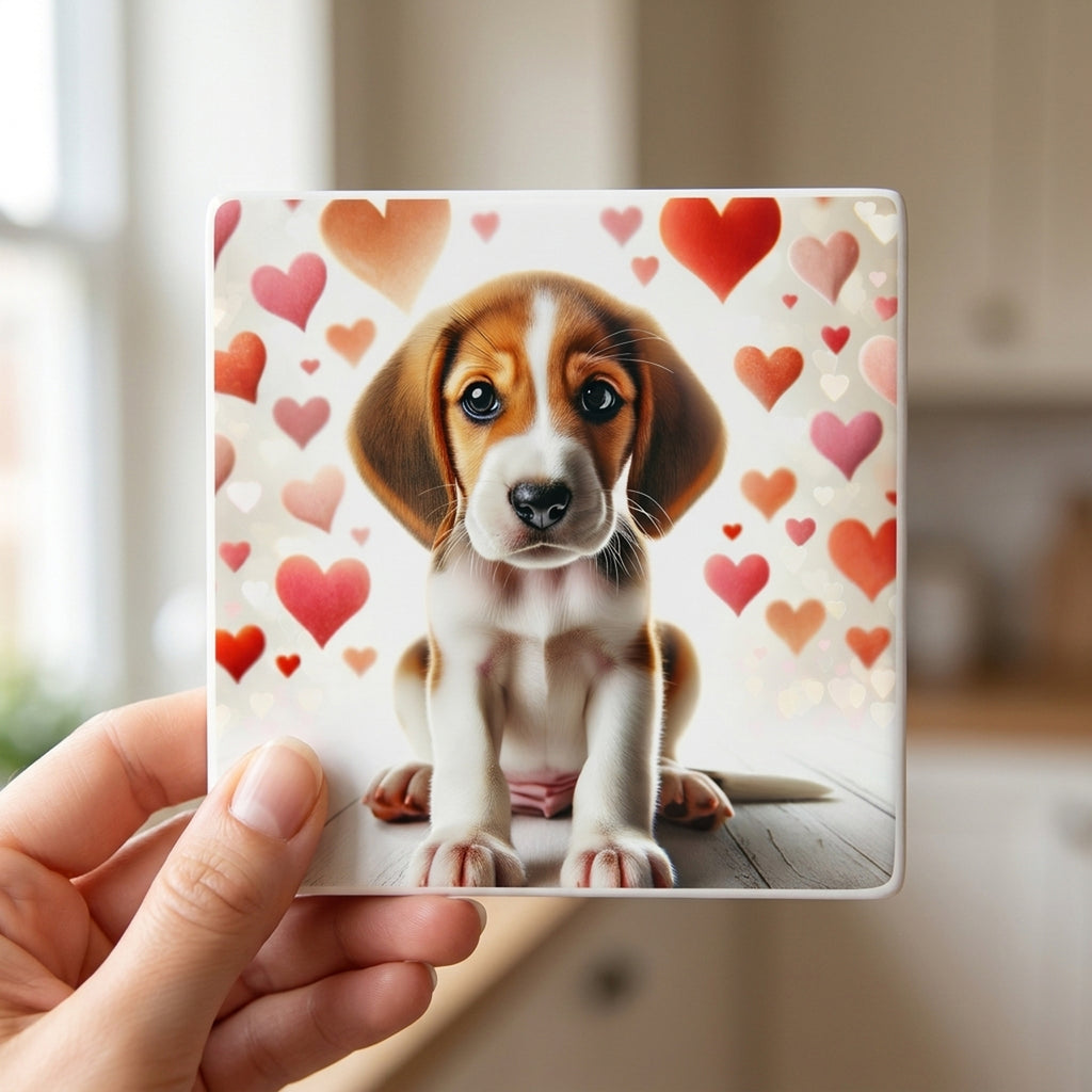 Beagle ceramic coasters set of 4, in hand