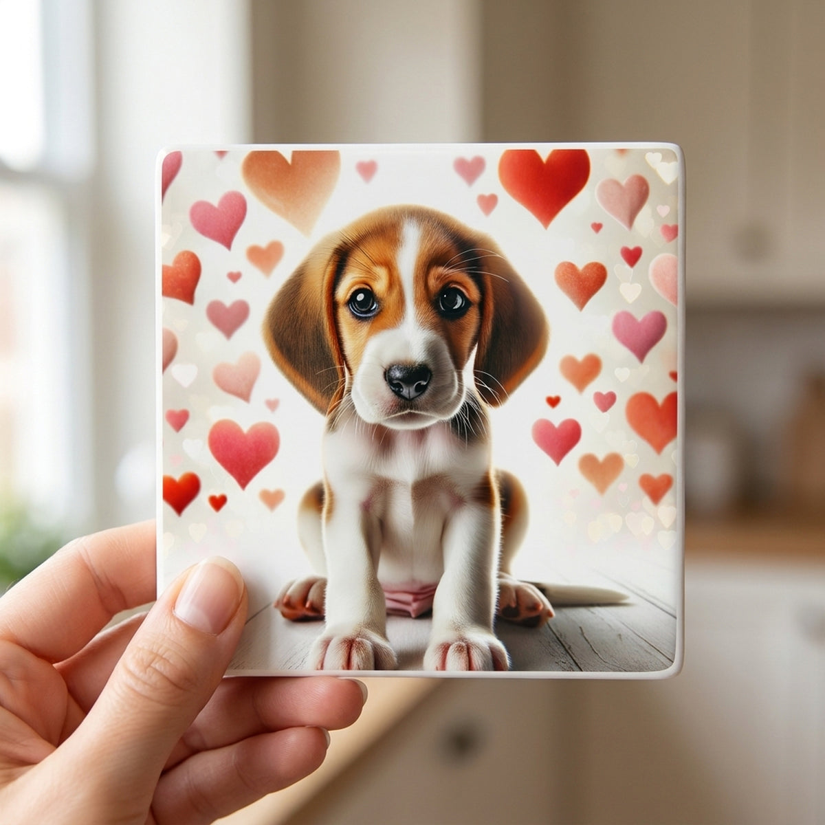 Beagle ceramic coasters set of 4, in hand