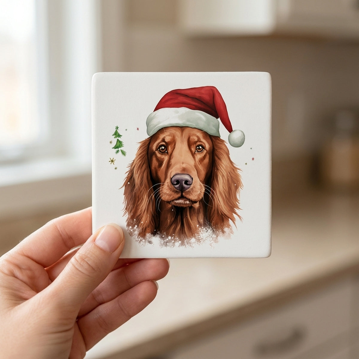 Irish Setter ceramic coasters set of 4, in hand