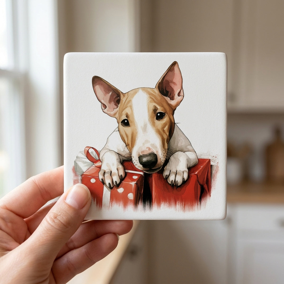 Bull Terrier Puppy Drawing ceramic coasters set of 4, in hand