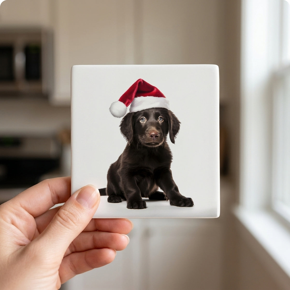 Flat-Coated Retriever Puppy ceramic coasters set of 4, in hand