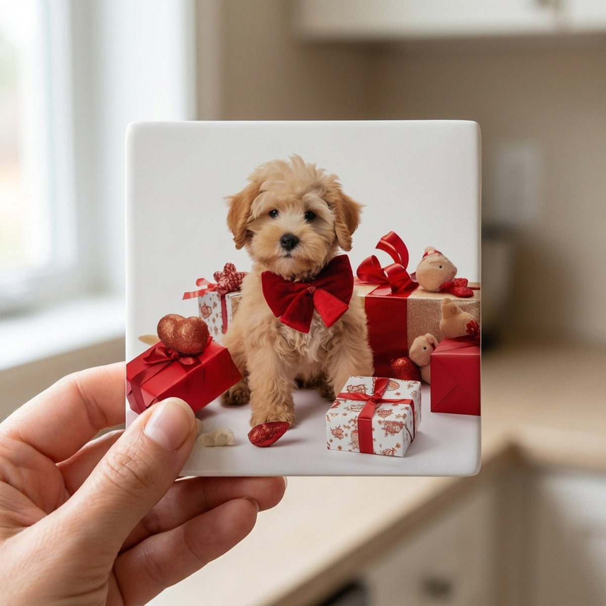 Russian Toy Puppy ceramic coasters set of 4, in hand