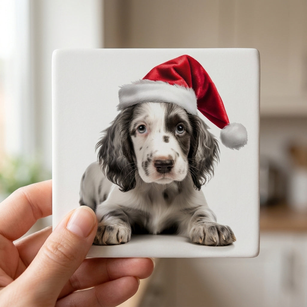 English Setter Puppy ceramic coasters set of 4, in hand