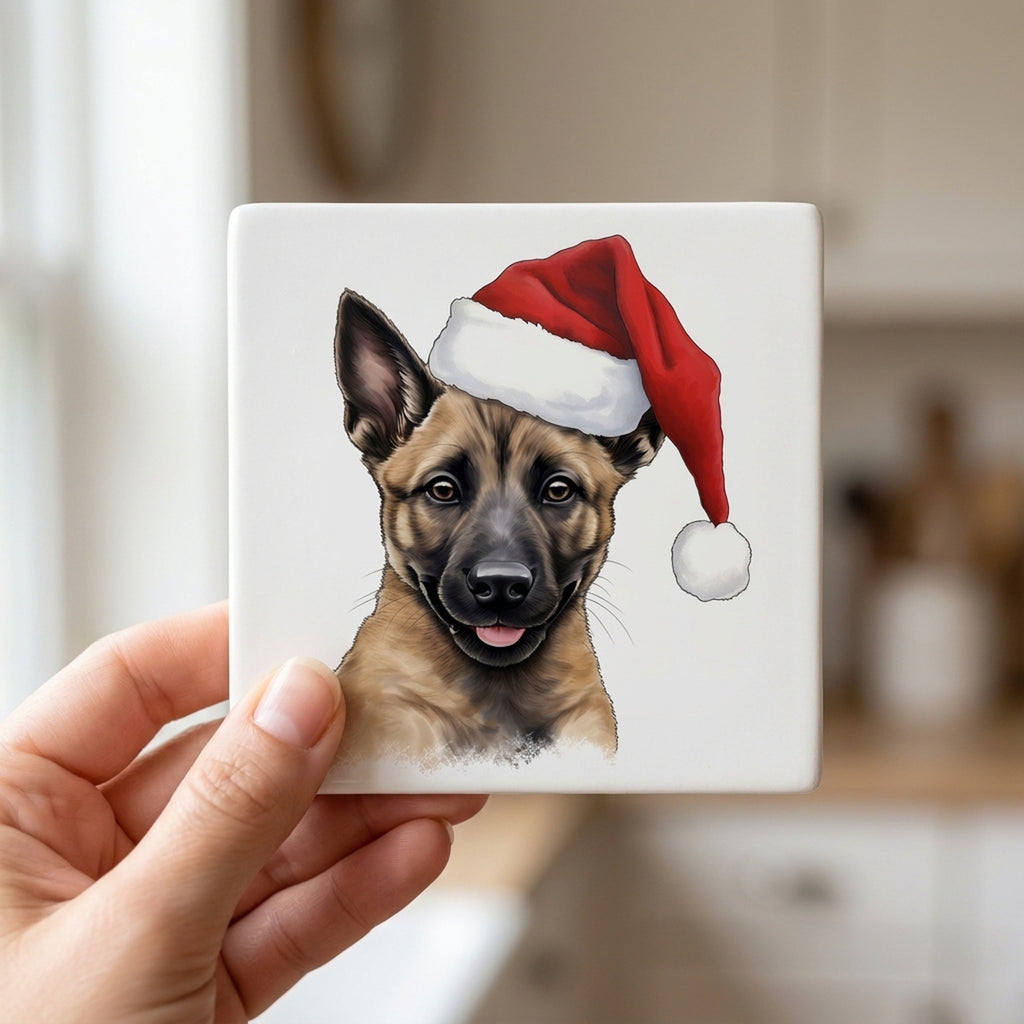 Belgian Malinois Puppy Drawing ceramic coasters set of 4, in hand