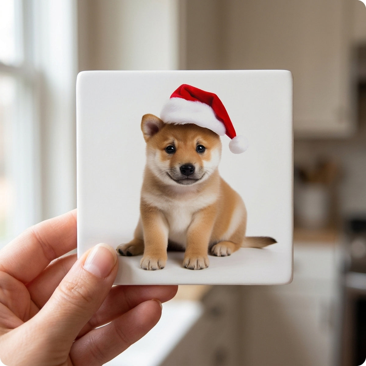 Shiba Inu Puppy ceramic coasters set of 4, in hand