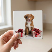 Nova Scotia Duck Tolling Retriever Puppy ceramic coasters set of 4, in hand