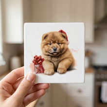 Chow Chow Puppy Drawing ceramic coasters set of 4, in hand