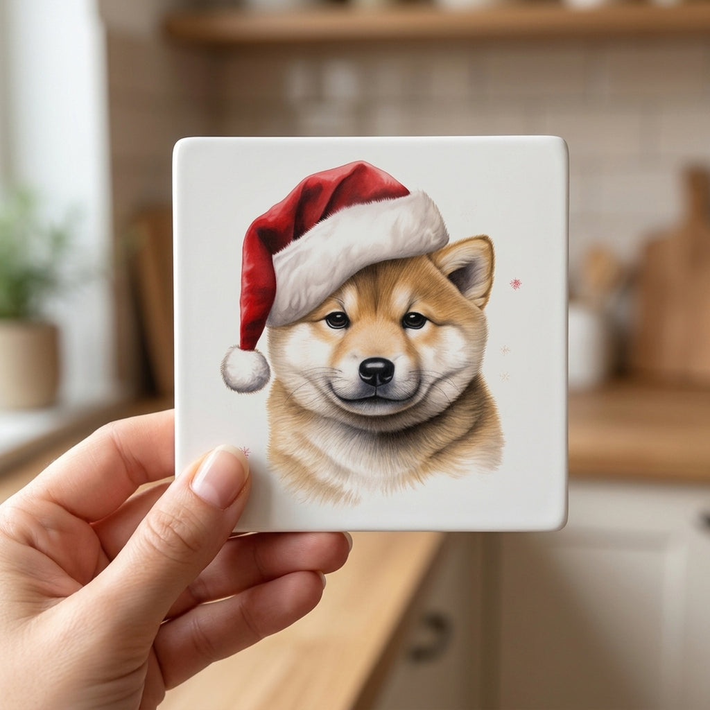 Shiba Inu Puppy Drawing ceramic coasters set of 4, in hand