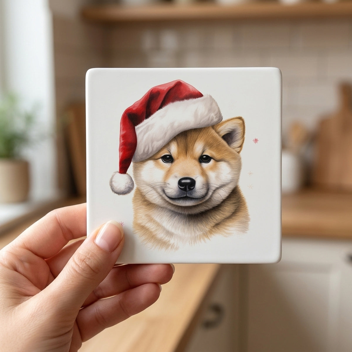 Shiba Inu Puppy Drawing ceramic coasters set of 4, in hand