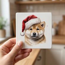 Shiba Inu Puppy Drawing ceramic coasters set of 4, in hand