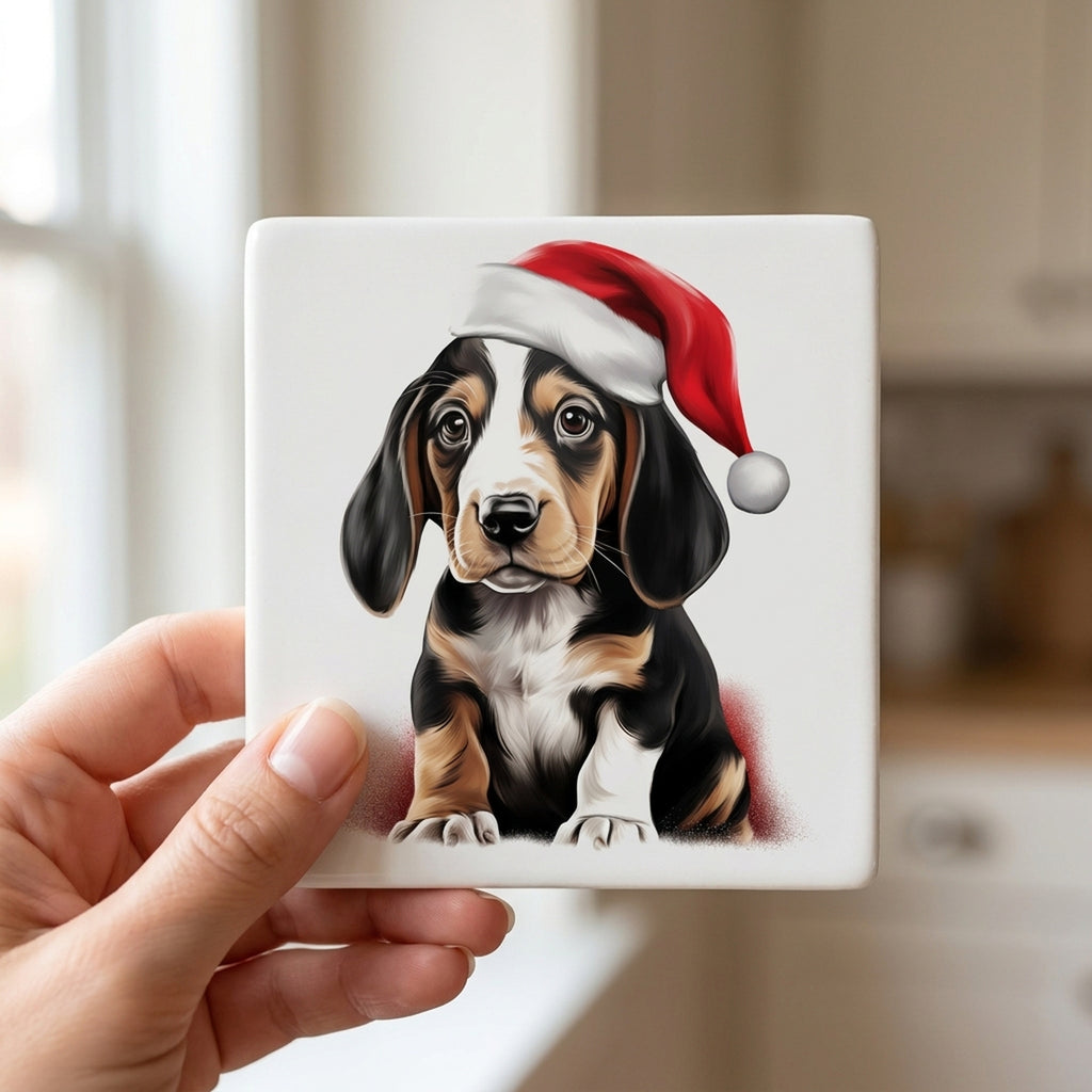 Treeing Walker Coonhound Puppy Drawing ceramic coasters set of 4, in hand