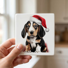 Treeing Walker Coonhound Puppy Drawing ceramic coasters set of 4, in hand