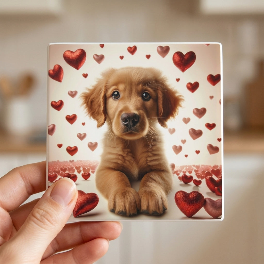 Golden Retriever ceramic coasters set of 4, in hand