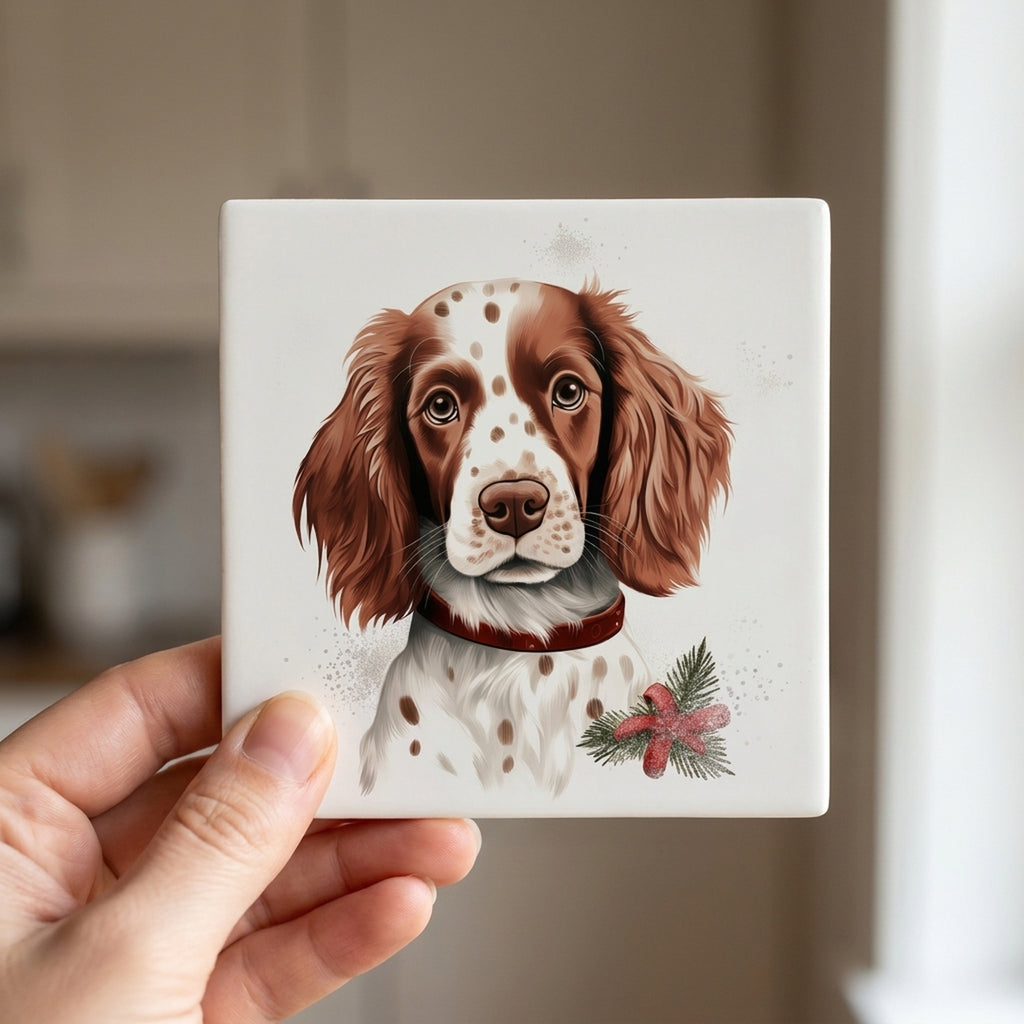 Irish Red and White Setter Puppy Drawing ceramic coasters set of 4, in hand