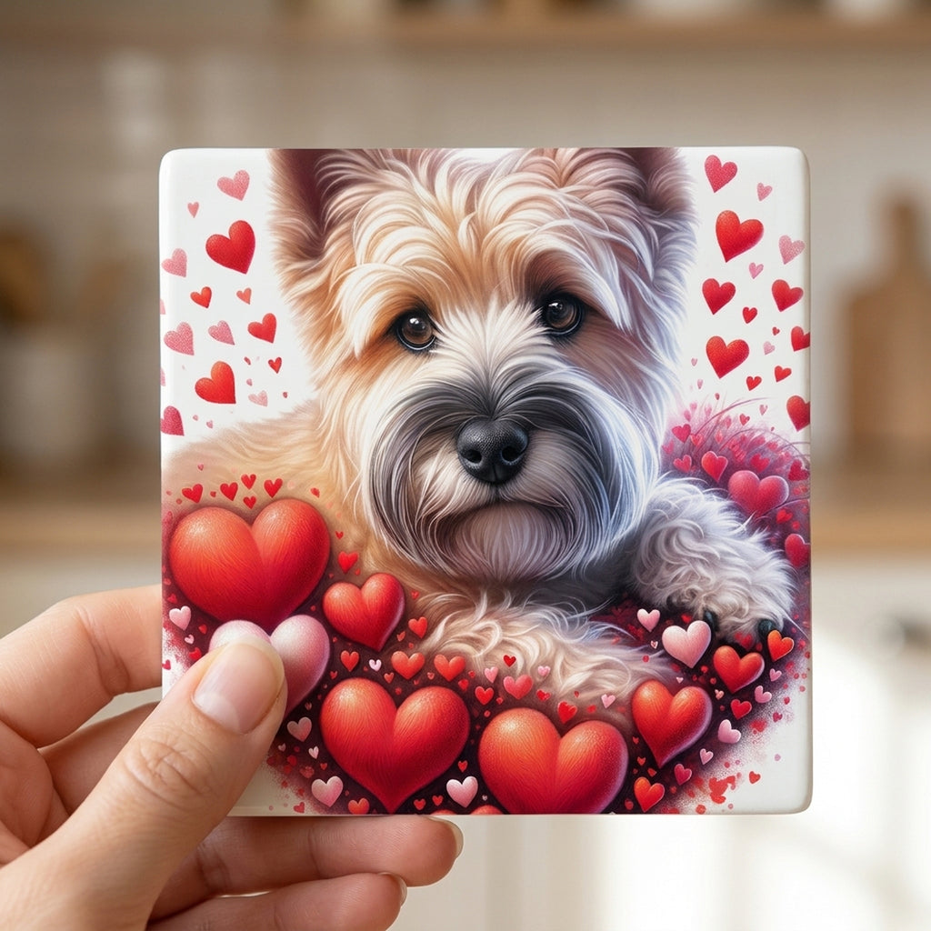 Cairn Terrier ceramic coasters set of 4, in hand