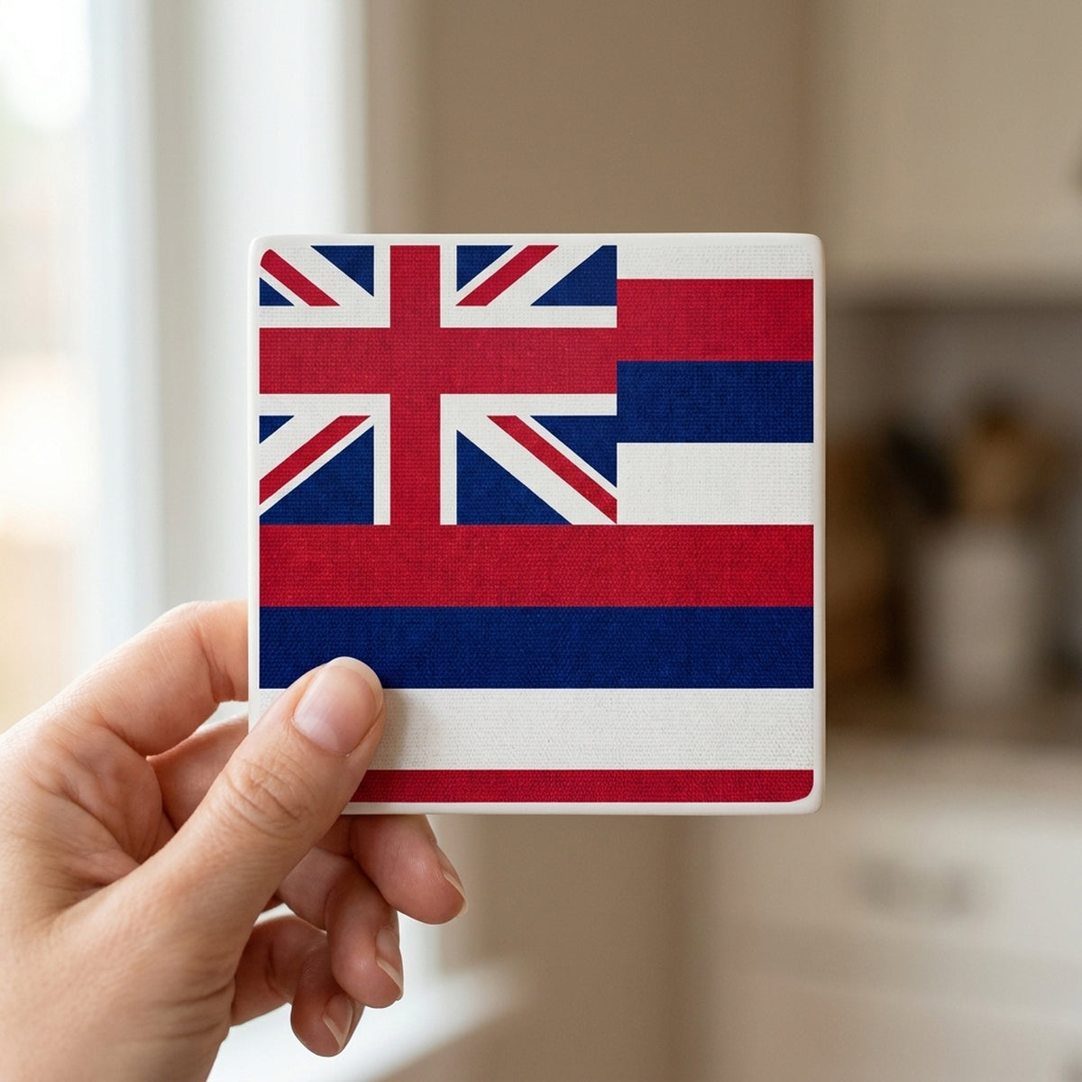 Hawaii State Flag ceramic coasters set of 4, in hand