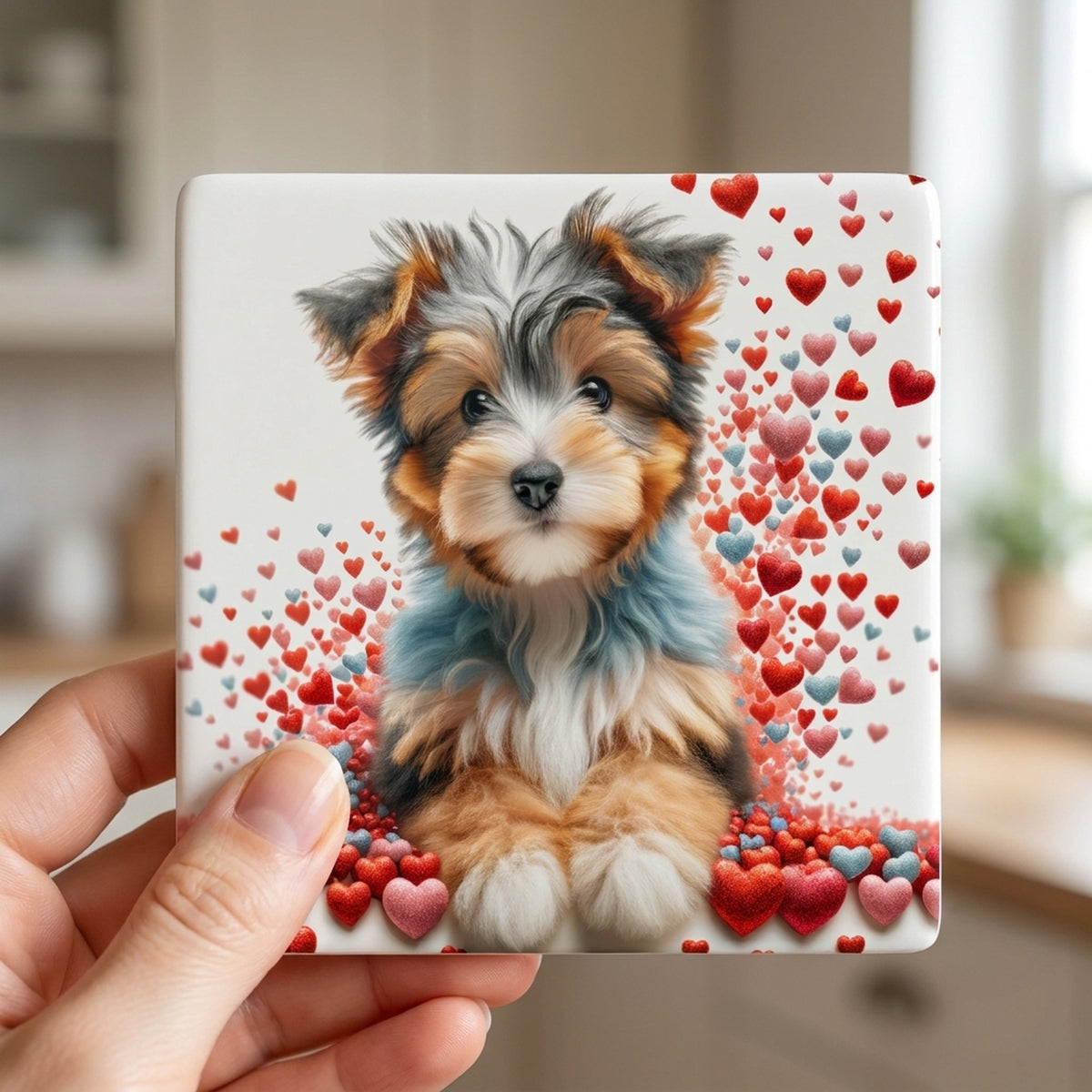 Yorkshire Terrier ceramic coasters set of 4, in hand