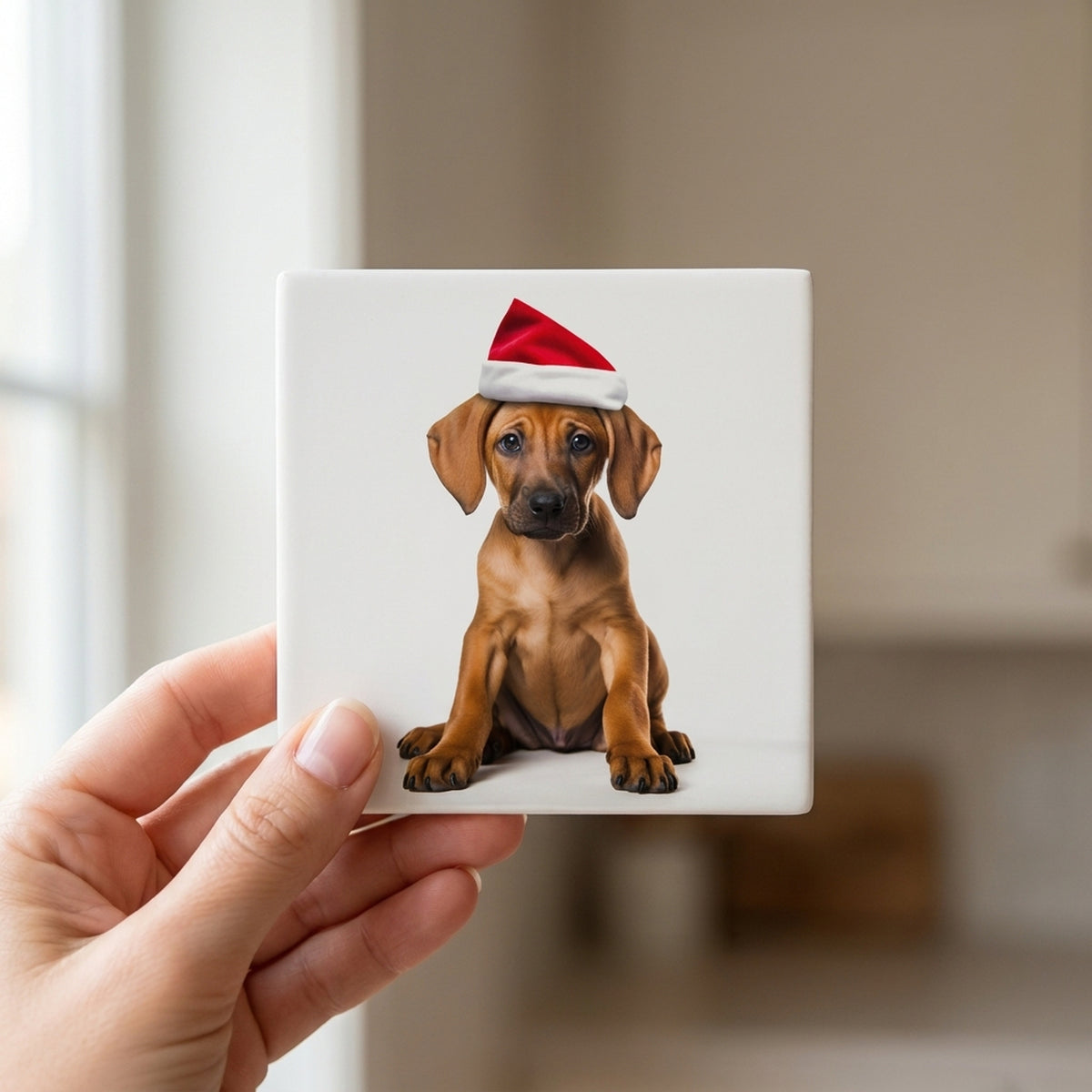 Rhodesian Ridgeback Puppy ceramic coasters set of 4, in hand