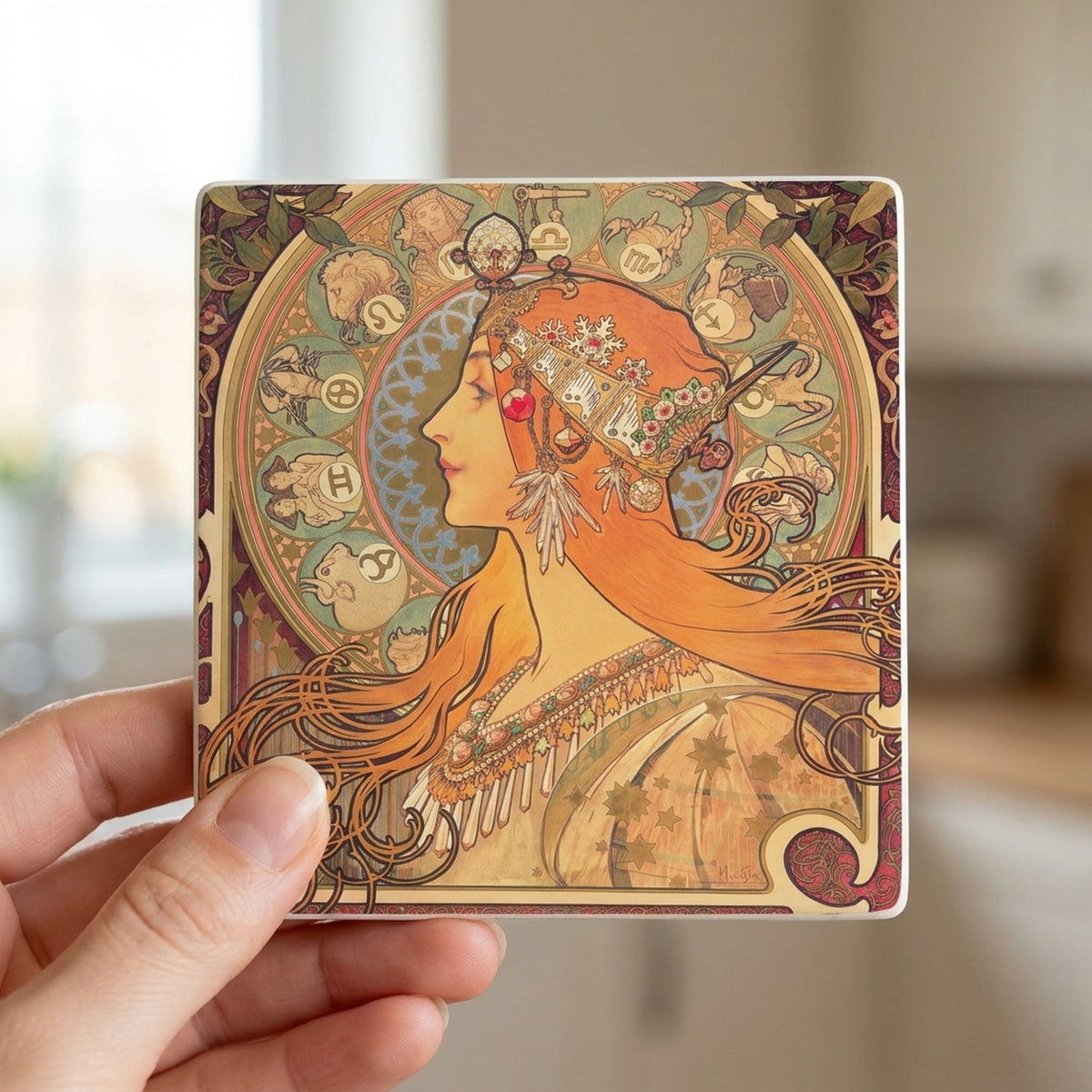 Mucha Art Nouveau ceramic coasters set of 4, in hand