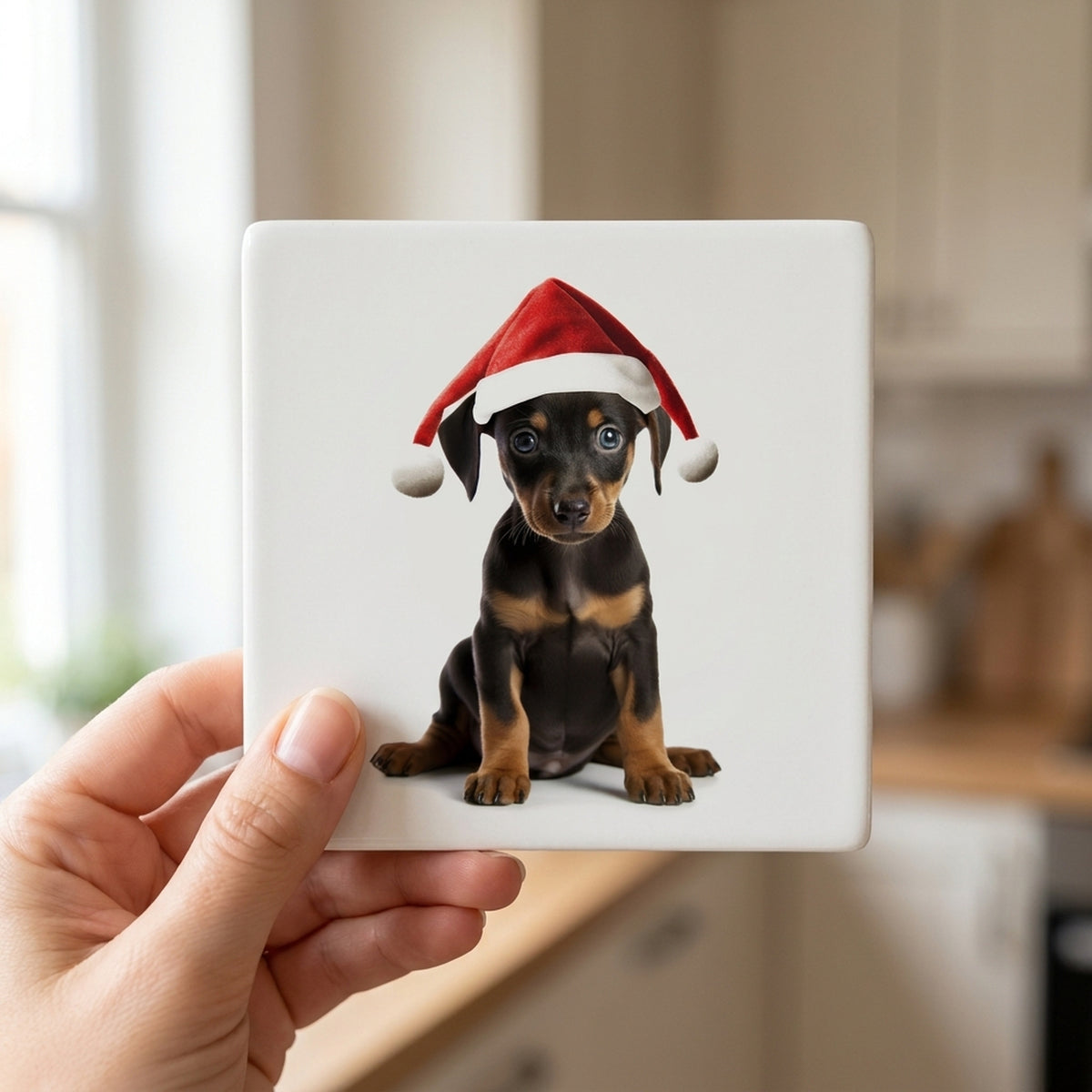 German Pinscher Puppy ceramic coasters set of 4, in hand