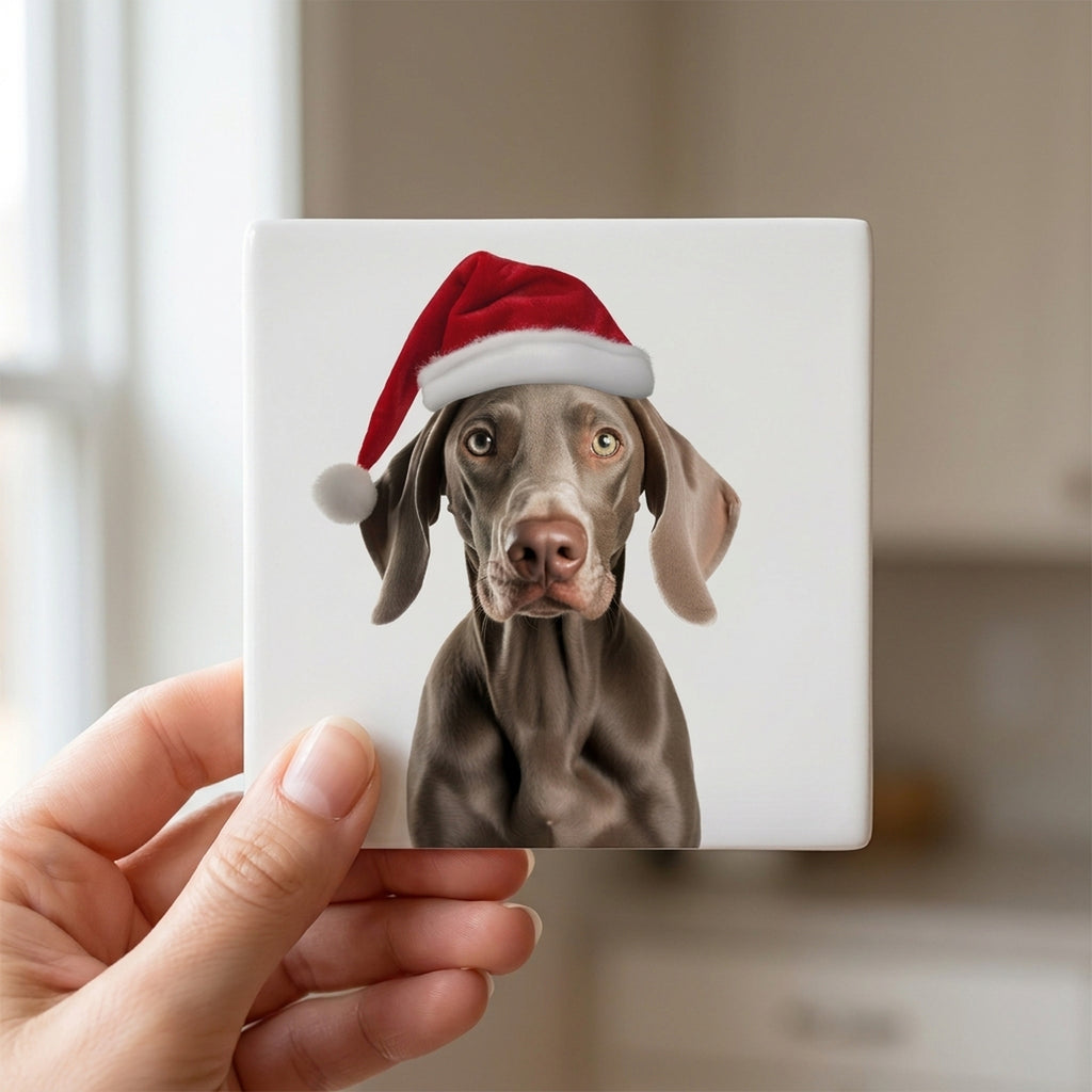 Weimaraner ceramic coasters set of 4, in hand