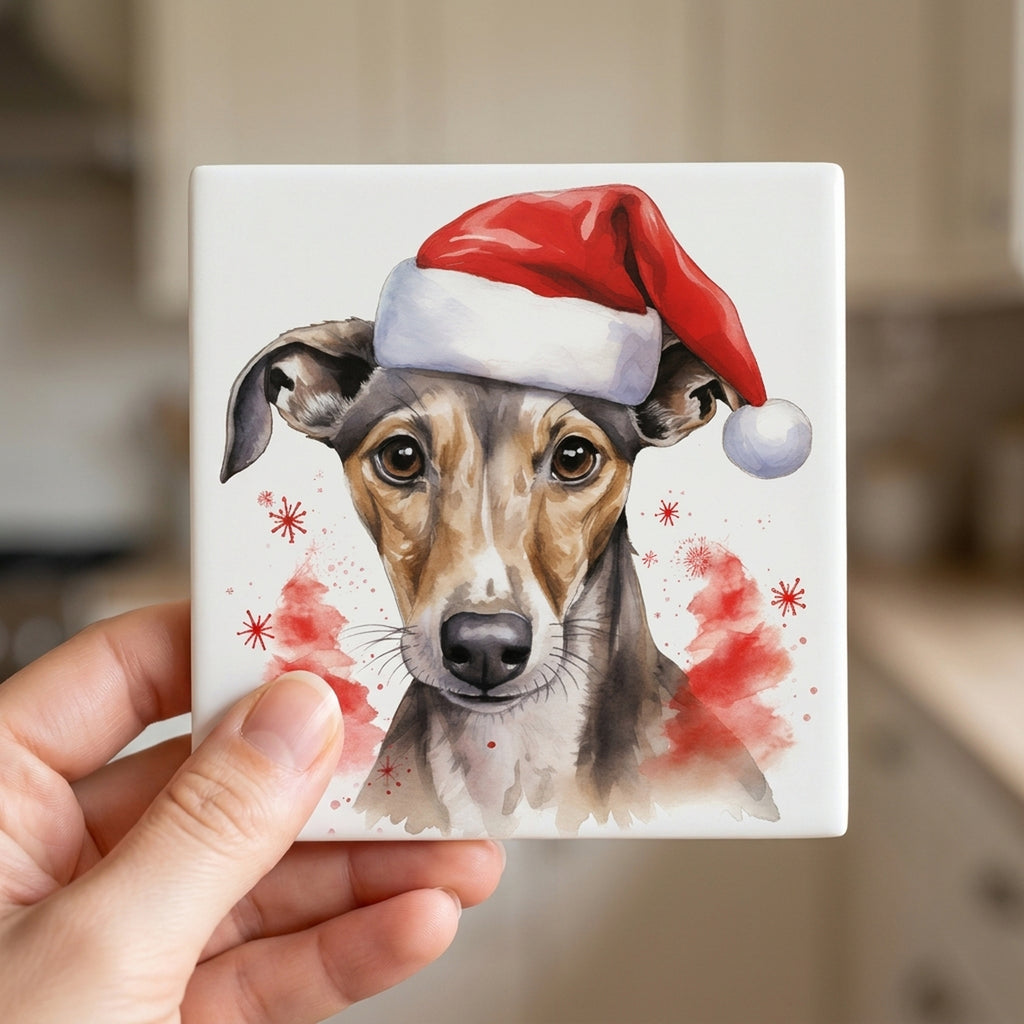 Greyhound Puppy Drawing ceramic coasters set of 4, in hand