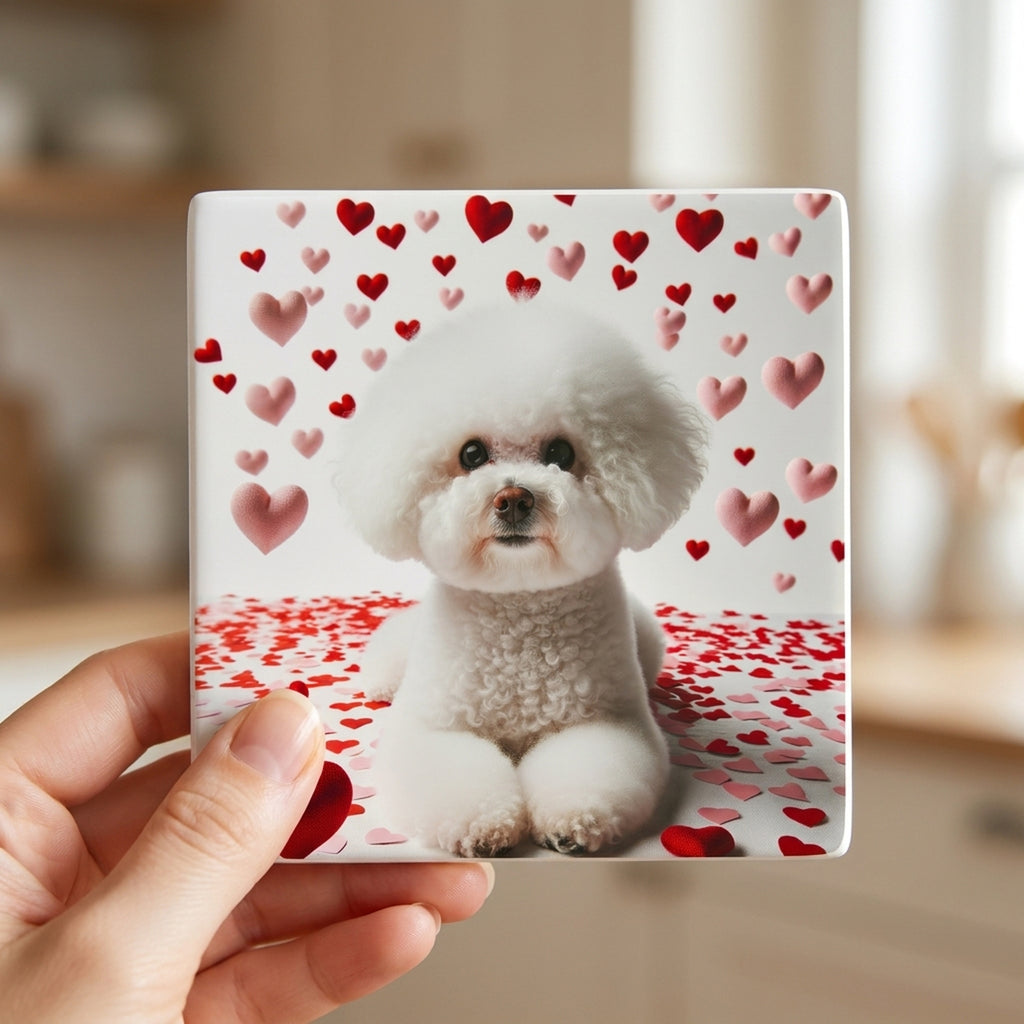 Bichon Frise ceramic coasters set of 4, in hand