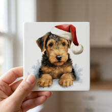 Welsh Terrier Puppy Drawing ceramic coasters set of 4, in hand