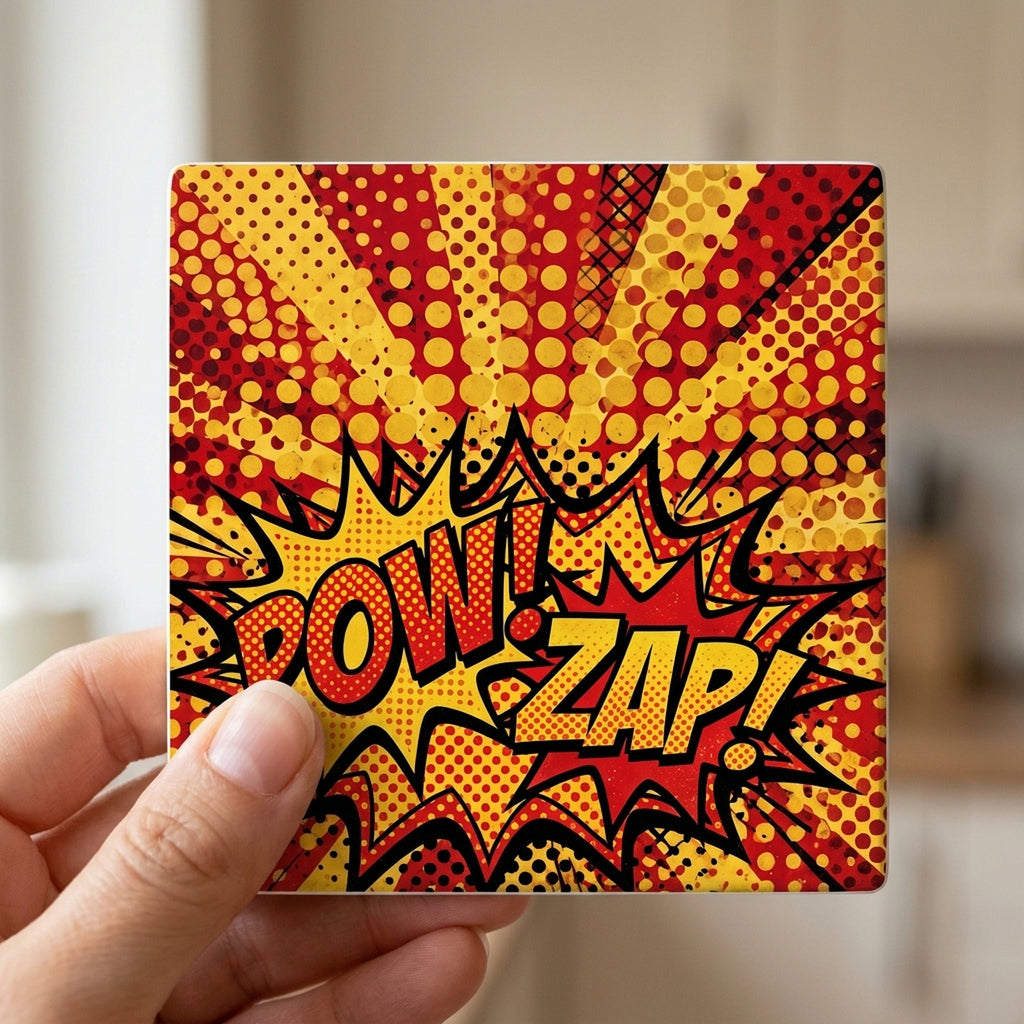Pop Art Comic Dots ceramic coasters set of 4, in hand