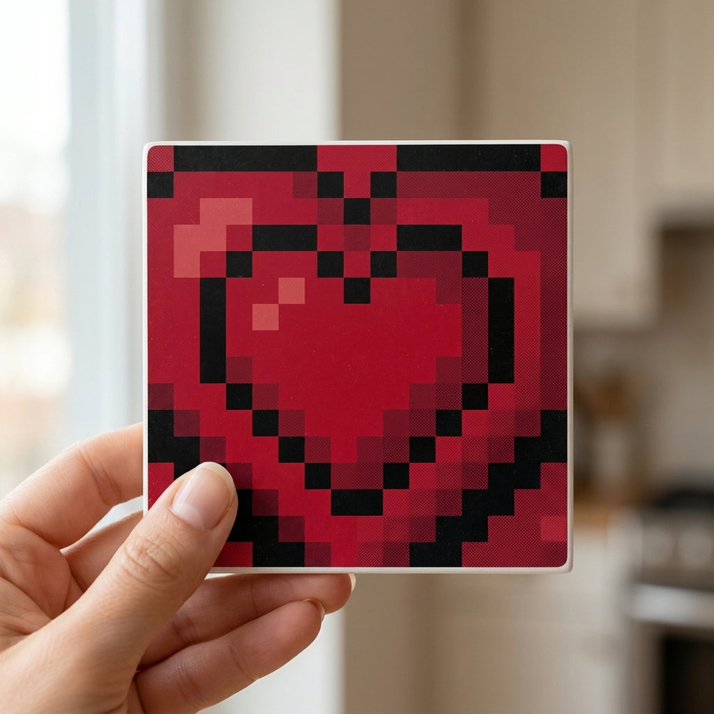 8-Bit Pixel Heart ceramic coasters set of 4, in hand