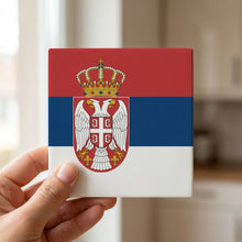 Serbia Flag Pride ceramic coasters set of 4, in hand