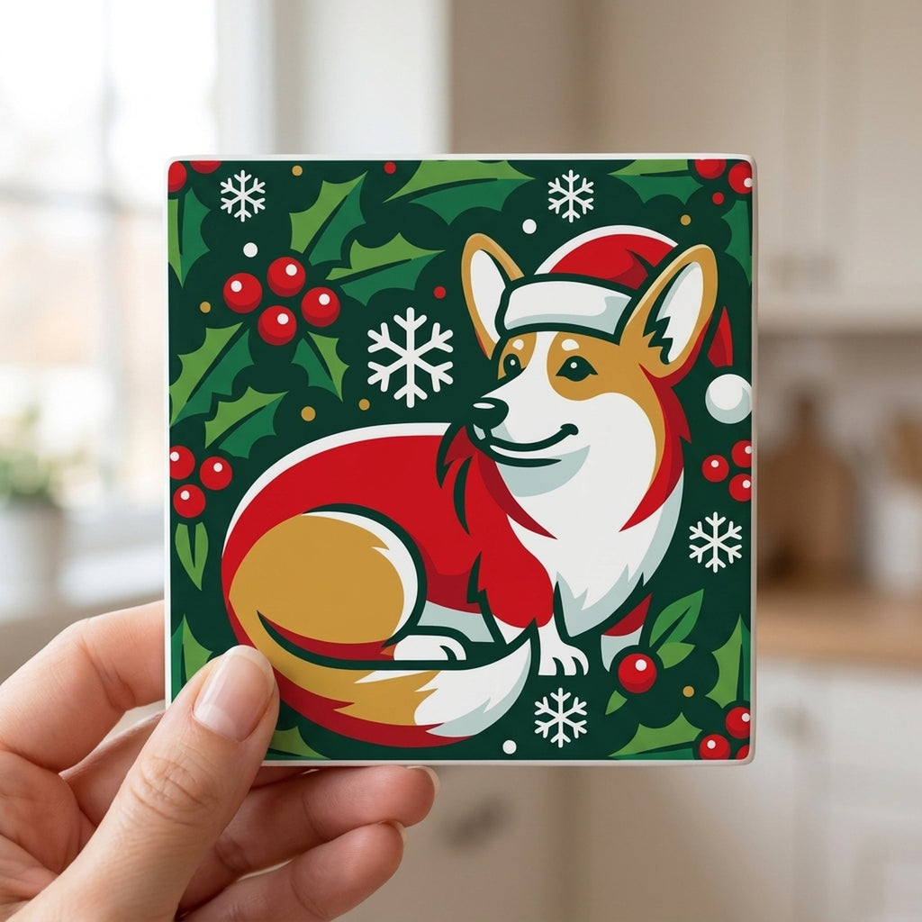 Corgi Christmas Ornament Art ceramic coasters set of 4, in hand