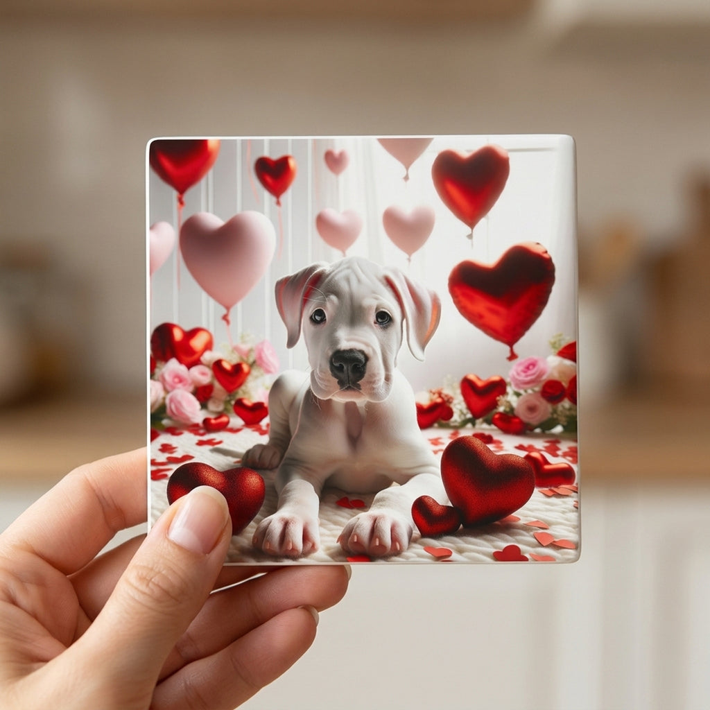 Dogo Argentino ceramic coasters set of 4, in hand