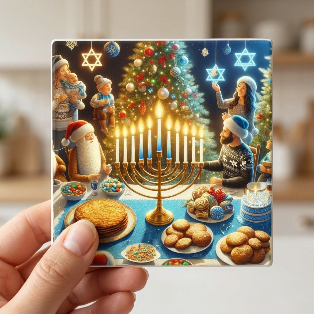 Chrismukkah Holiday Celebration ceramic coasters set of 4, in hand